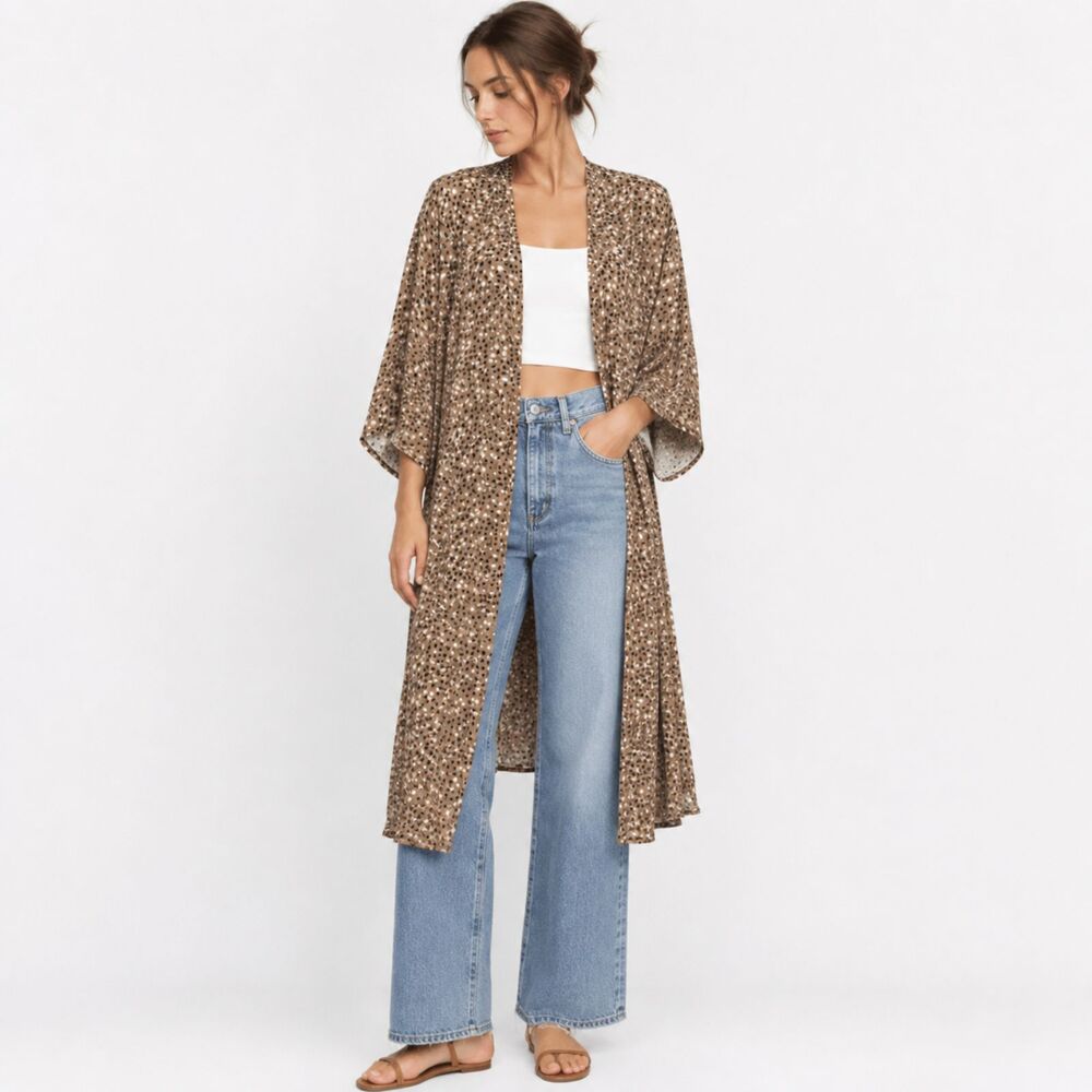 Umgee NEW Leopard Animal Gold Flake Kimono Duster Bell Sleeve Boho Western L